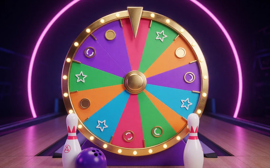 Buntes Gl&uuml;cksrad mit Goldrand, Bowlingkegeln und violetter Kugel f&uuml;r das t&auml;gliche Wheel of Fortune