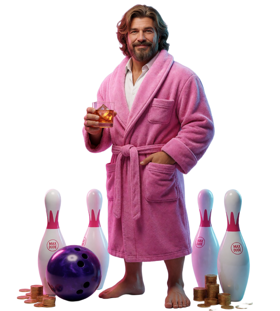 The Dude im pinken Bademantel mit Glas, Bowlingkegeln, violetter Kugel und Goldm&uuml;nzen im DudeSpin Online Casino