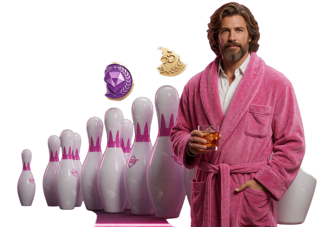 The Dude neben f&uuml;nf wachsenden Kegelgruppen und VIP-Medaillen als Darstellung der Bowls-Loyalty-Stufen