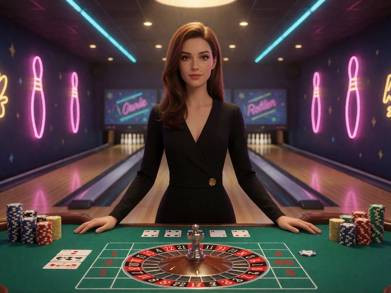 Live-Dealerin an Roulette- und Kartentisch vor Neon-Bowlingbahnen f&uuml;r das DudeSpin Live Casino