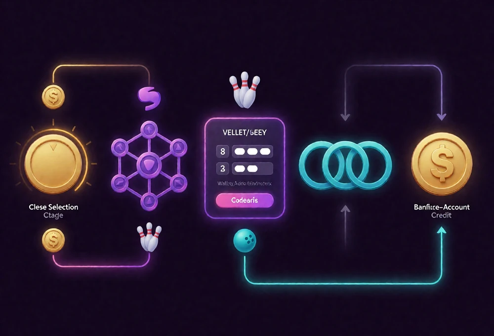 F&uuml;nf Schritte von Coin- und Netzwerkauswahl bis Wallet-Pr&uuml;fung, Blockchain-Best&auml;tigung und Casinogutschrift