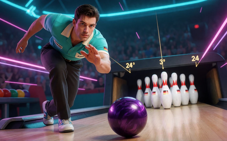 Bowlingspieler wirft eine violette Kugel auf zehn Kegel als Motiv f&uuml;r das Bowling-Clash-Turnier