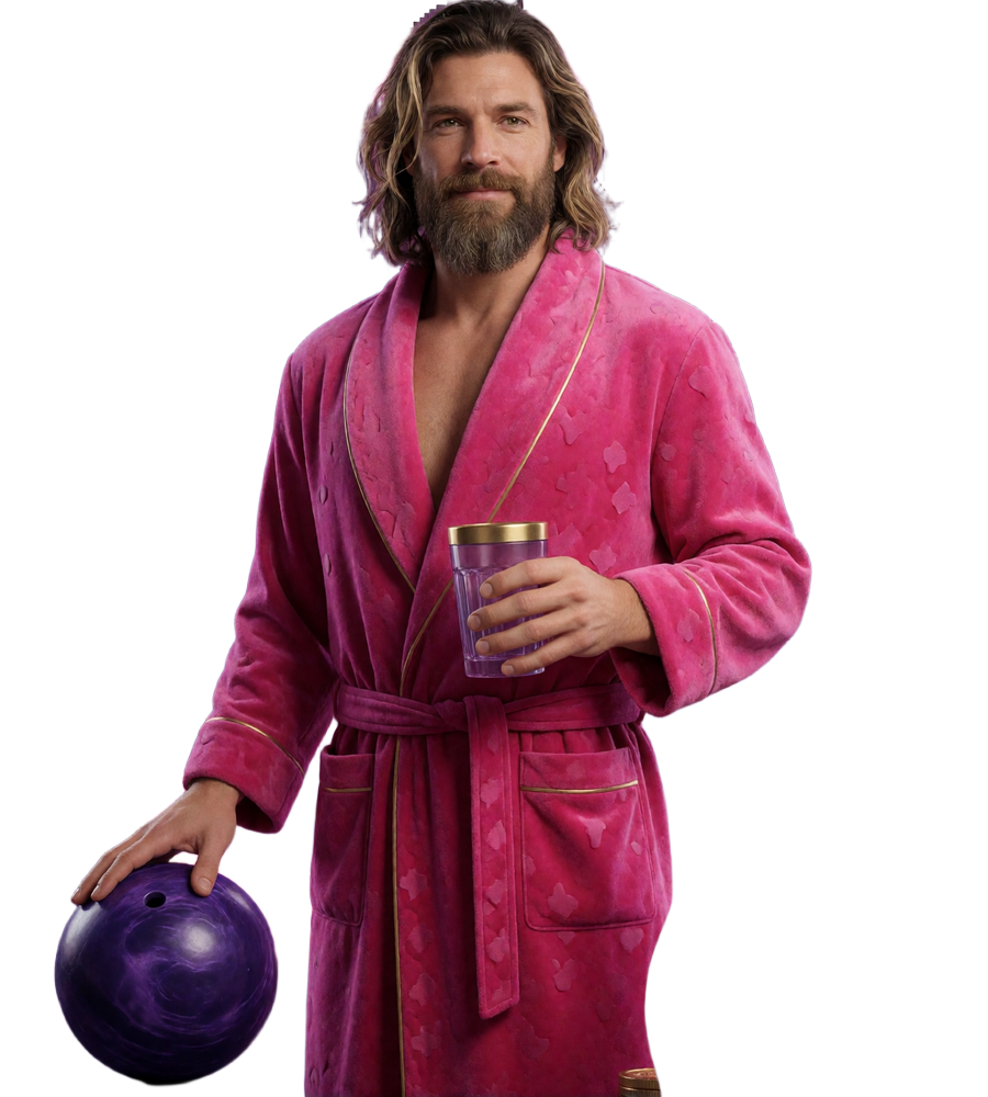 The Dude im pinken Bademantel mit Bowlingkugel, Kegeln und Spielsymbolen im DudeSpin Spielekatalog