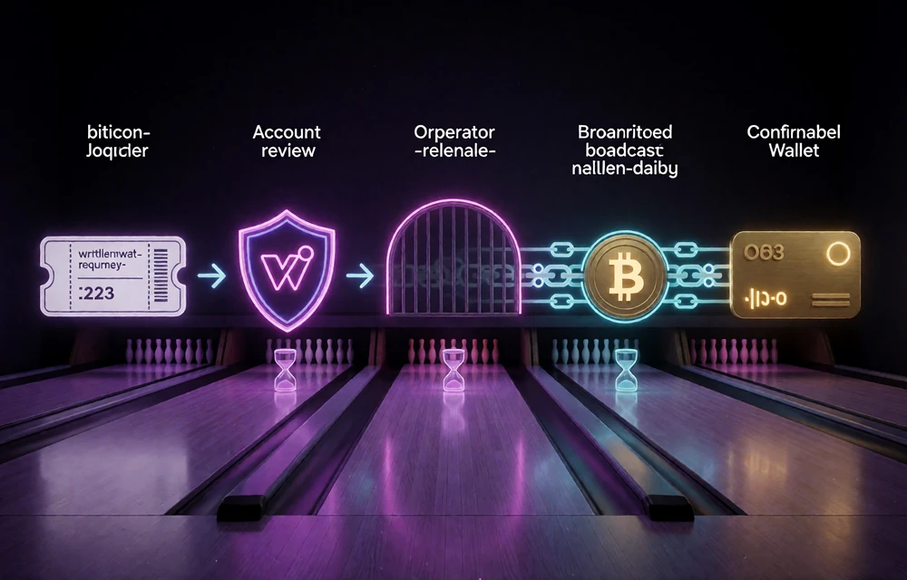 Auszahlungsweg von Antrag und Kontopr&uuml;fung &uuml;ber Betreiberfreigabe bis Blockchain-Versand und Wallet-Best&auml;tigung